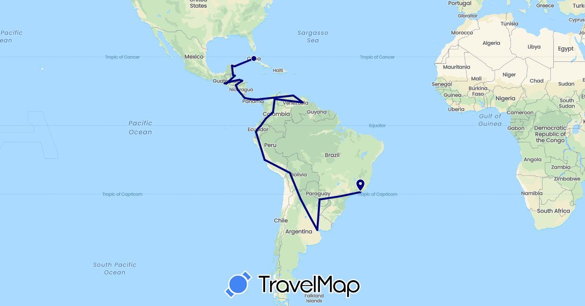 TravelMap itinerary: driving in Argentina, Bolivia, Brazil, Belize, Colombia, Costa Rica, Cuba, Ecuador, Guatemala, Honduras, Mexico, Nicaragua, Panama, Peru, Paraguay, Venezuela (North America, South America)